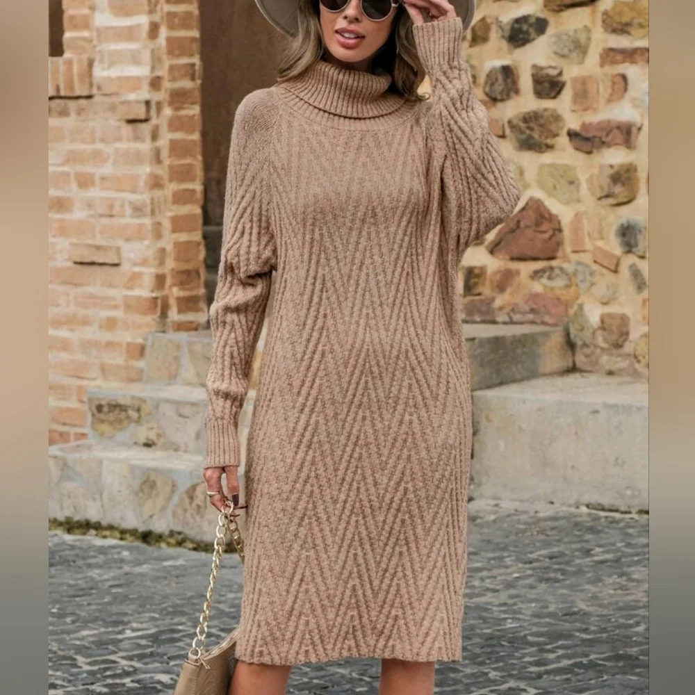 New Boho Chevron Knit Turtleneck Sweater Dress Camel Tan Beige - Picture 3 of 7